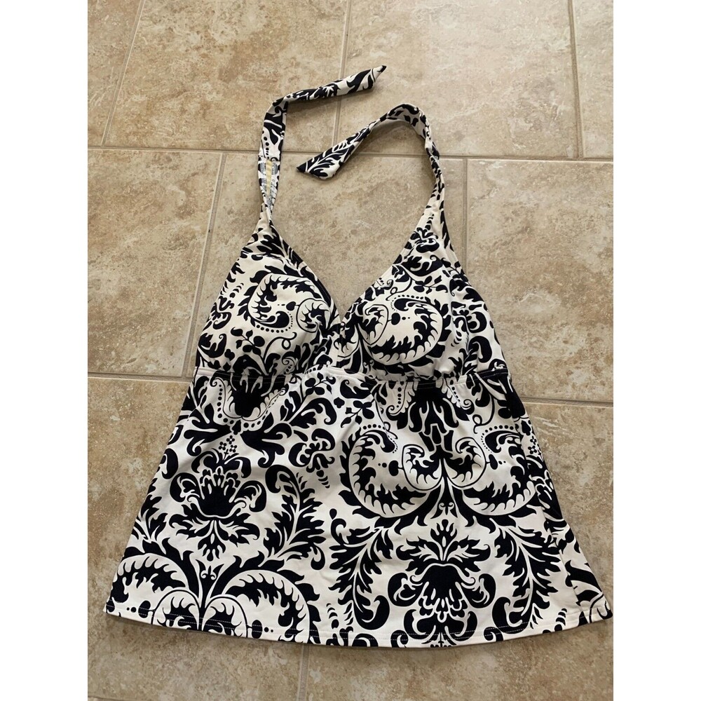 LANDS END WOMENS TAKINI SWIMSUIT TOP SIZE 10 BLACK FLORAL HALTER STYLE